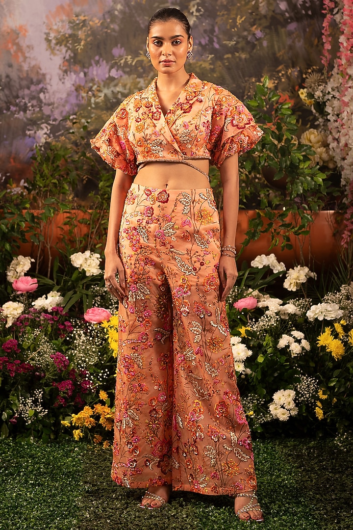 Coral Organza Sequins Embroidered & Floral Printed Co-Ord Set by MOLEDRO at Pernia's Pop Up Shop