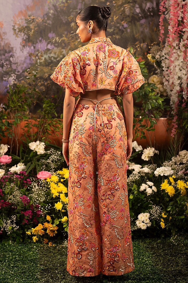 Coral Organza Sequins Embroidered & Floral Printed Co-Ord Set by MOLEDRO at Pernia's Pop Up Shop