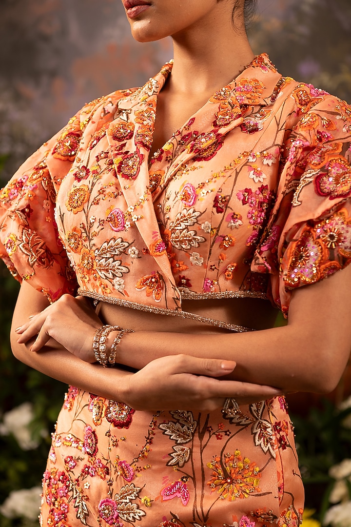 Coral Organza Sequins Embroidered & Floral Printed Co-Ord Set by MOLEDRO at Pernia's Pop Up Shop