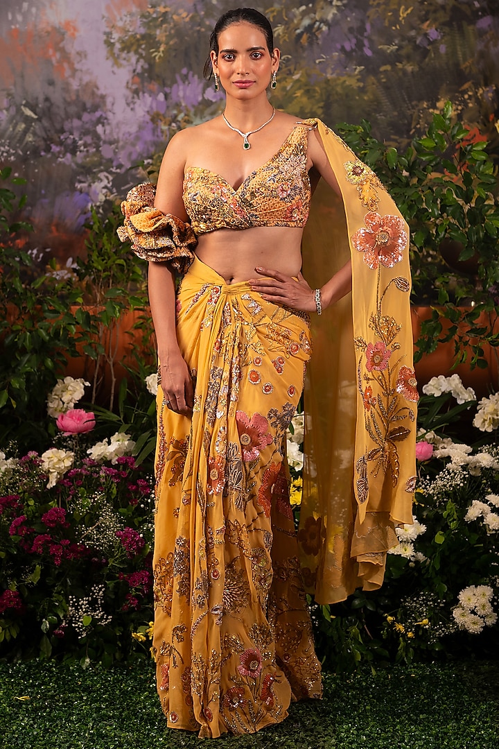 Apricot Georgette Floral Embroidered Pre-Draped Saree Set by MOLEDRO at Pernia's Pop Up Shop