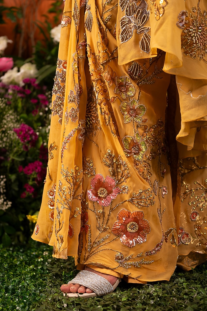 Apricot Georgette Floral Embroidered Pre-Draped Reception Saree Set by MOLEDRO at Pernia's Pop Up Shop
