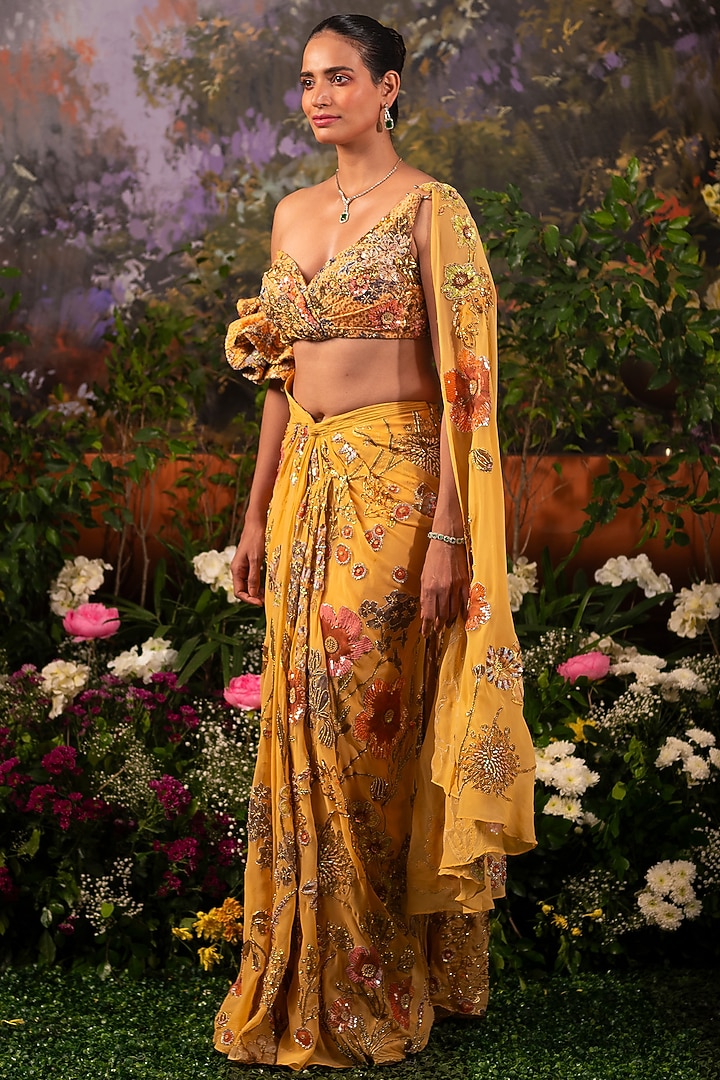 Apricot Georgette Floral Embroidered Pre-Draped Reception Saree Set by MOLEDRO at Pernia's Pop Up Shop