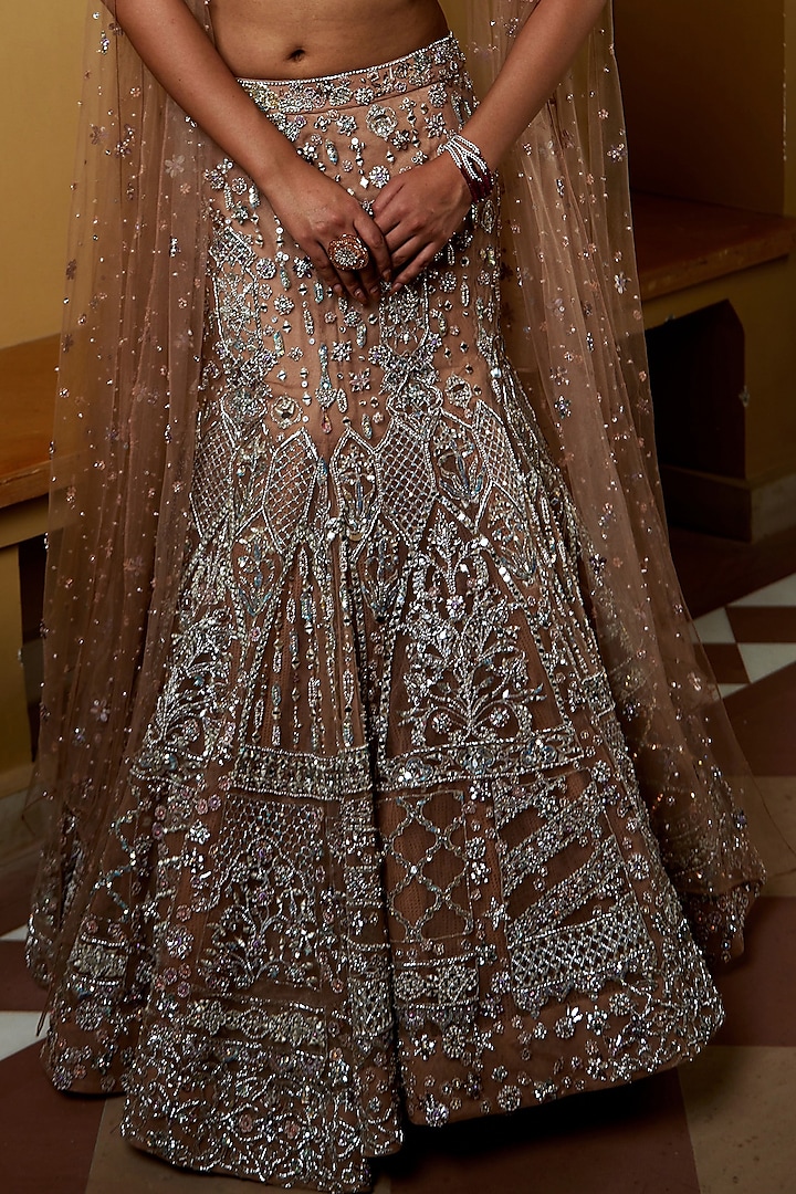 Sand Shimmer Net Mirror & Cutdana Handwork Mermaid Bridal Lehenga Set by Moledro at Pernia's Pop Up Shop