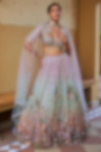 Aqua & Lilac Shimmer Net Mirror Hand Embroidered Bridal Lehenga Set by Moledro at Pernia's Pop Up Shop