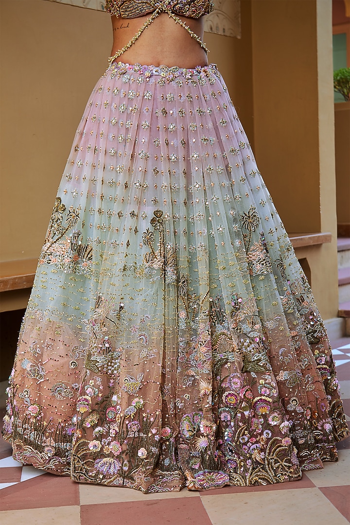 Aqua & Lilac Shimmer Net Mirror Hand Embroidered Bridal Lehenga Set by Moledro at Pernia's Pop Up Shop