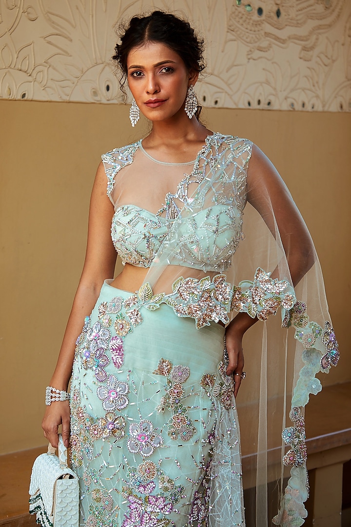 Aqua Shimmer Net & Organza Cutdana Work Pre-Draped Reception Saree Set by Moledro at Pernia's Pop Up Shop