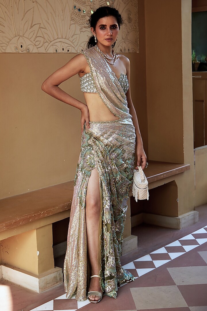 Aqua Sequined Georgette Floral Embroidered Pre-Draped Saree by Moledro at Pernia's Pop Up Shop