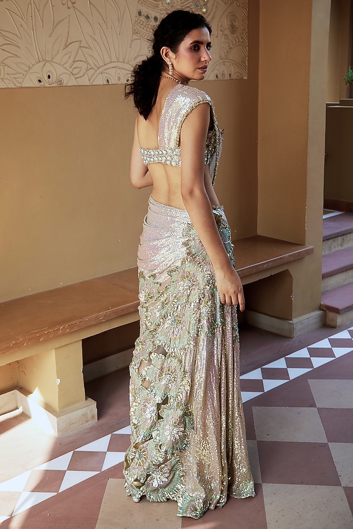 Aqua Sequined Georgette Floral Embroidered Pre-Draped Reception Saree by Moledro at Pernia's Pop Up Shop