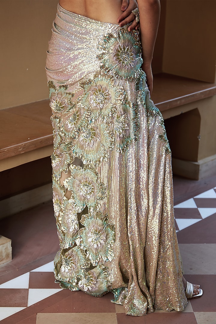 Aqua Sequined Georgette Floral Embroidered Pre-Draped Reception Saree by Moledro at Pernia's Pop Up Shop