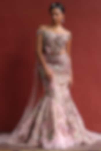 Mocha Mousse & Peppermint Pink Organza Floral Work Fish-Cut Bridal Lehenga Set  by MOLEDRO at Pernia's Pop Up Shop