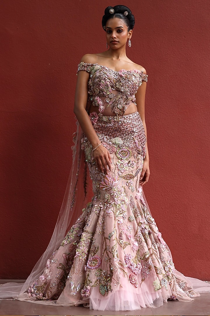 Mocha Mousse & Peppermint Pink Organza Floral Work Fish-Cut Bridal Lehenga Set  by MOLEDRO at Pernia's Pop Up Shop
