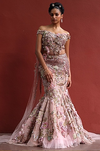 Mocha Mousse & Peppermint Pink Organza Floral Work Fish-Cut Lehenga Set  by MOLEDRO