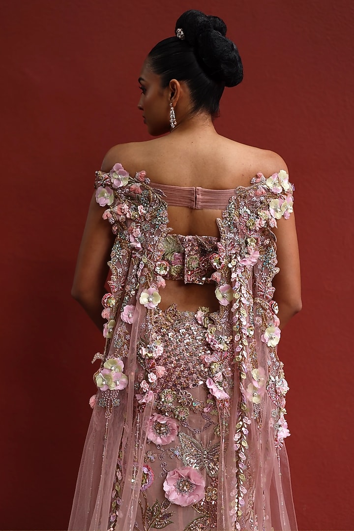 Mocha Mousse & Peppermint Pink Organza Floral Work Fish-Cut Bridal Lehenga Set by MOLEDRO at Pernia's Pop Up Shop