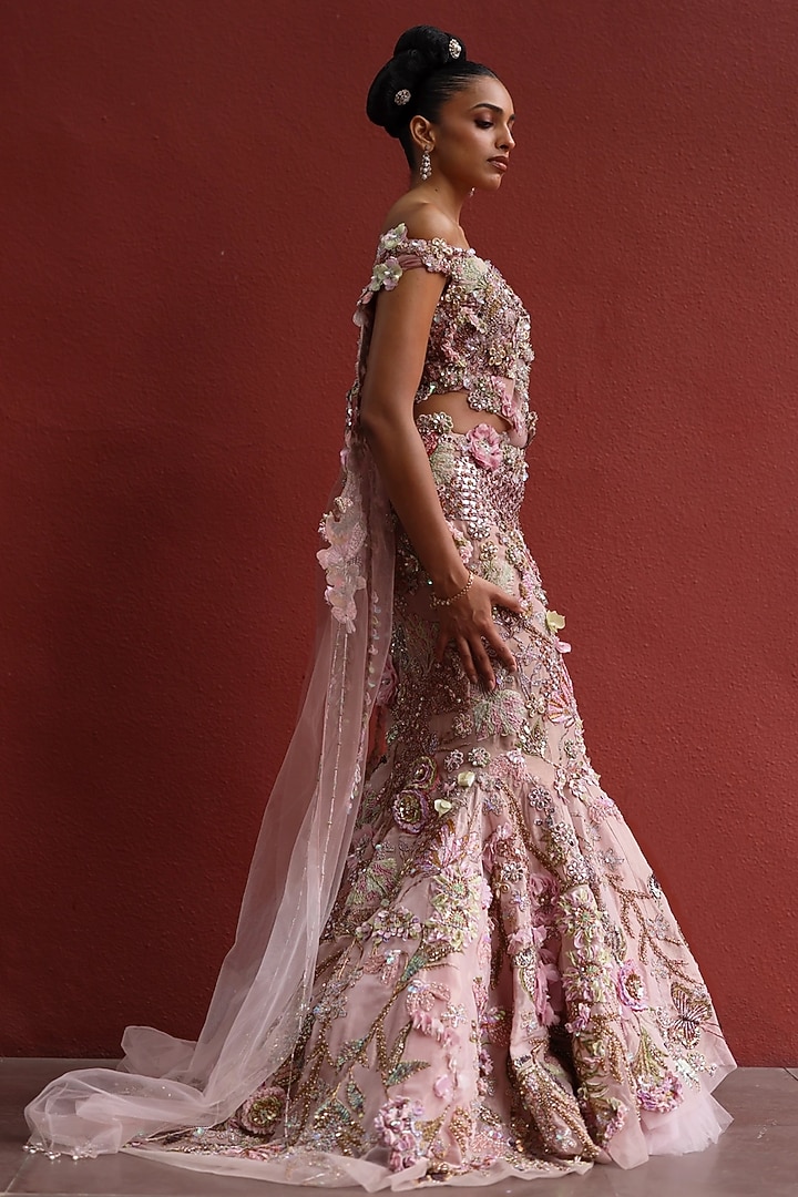 Mocha Mousse & Peppermint Pink Organza Floral Work Fish-Cut Bridal Lehenga Set by MOLEDRO at Pernia's Pop Up Shop