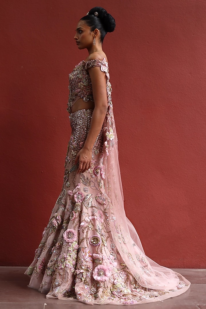 Mocha Mousse & Peppermint Pink Organza Floral Work Fish-Cut Bridal Lehenga Set by MOLEDRO at Pernia's Pop Up Shop