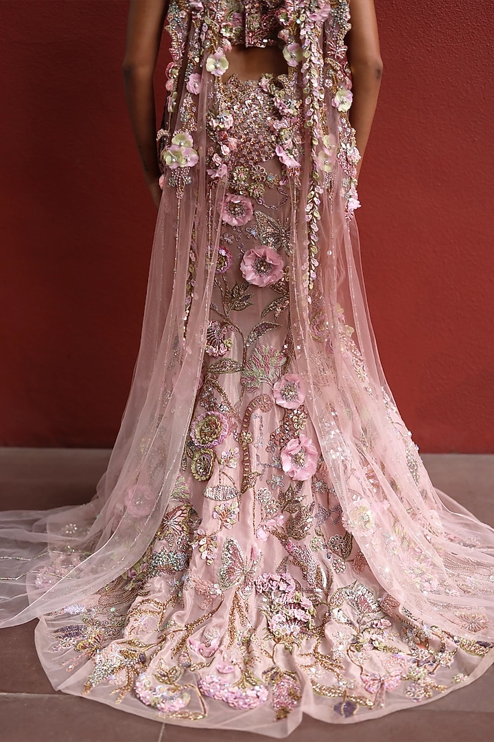 Mocha Mousse & Peppermint Pink Organza Floral Work Fish-Cut Bridal Lehenga Set by MOLEDRO at Pernia's Pop Up Shop