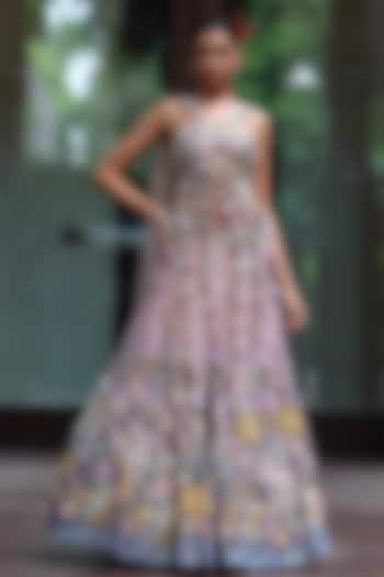 Blue Hawkes & Peppermint Pink Organza Bridal Lehenga Set by MOLEDRO at Pernia's Pop Up Shop