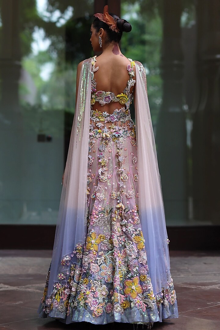 Blue Hawkes & Peppermint Pink Organza Bridal Lehenga Set by MOLEDRO at Pernia's Pop Up Shop
