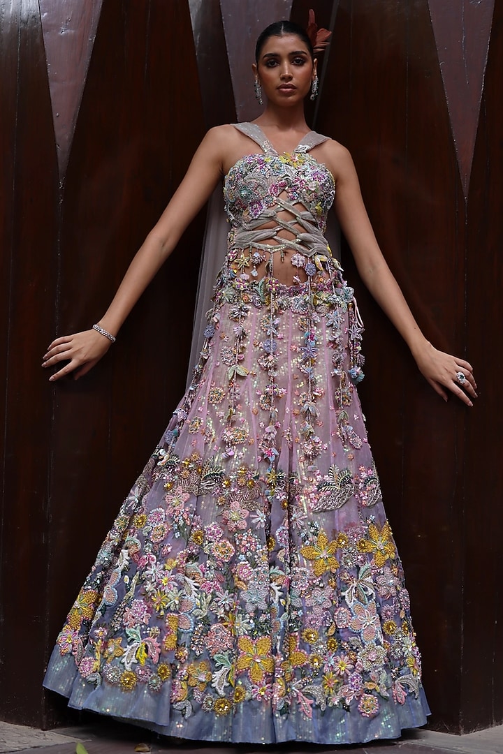 Blue Hawkes & Peppermint Pink Organza Bridal Lehenga Set by MOLEDRO at Pernia's Pop Up Shop