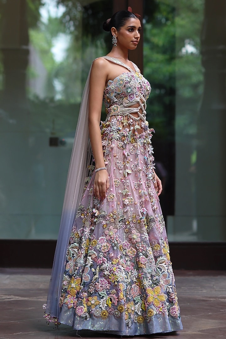 Blue Hawkes & Peppermint Pink Organza Bridal Lehenga Set by MOLEDRO at Pernia's Pop Up Shop