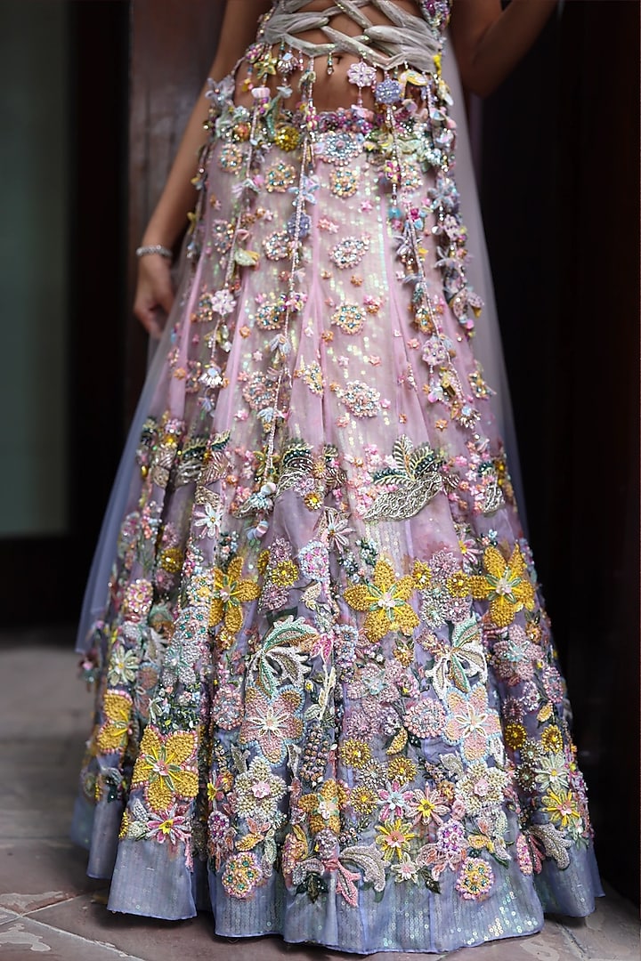 Blue Hawkes & Peppermint Pink Organza Bridal Lehenga Set by MOLEDRO at Pernia's Pop Up Shop