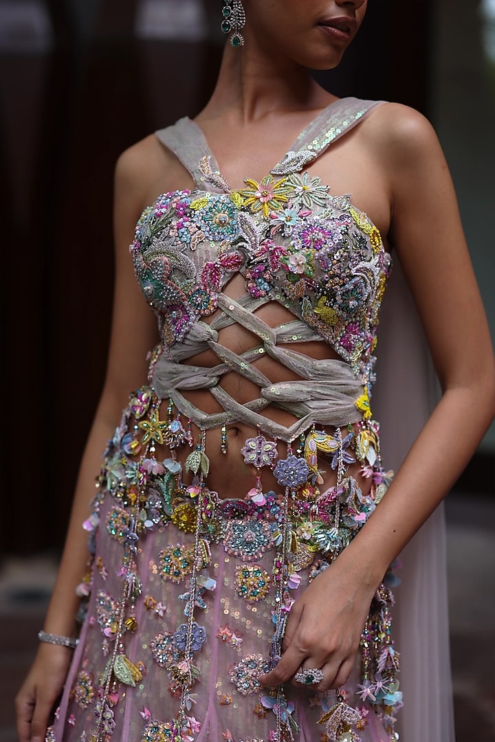 Blue Hawkes & Peppermint Pink Organza Bridal Lehenga Set by MOLEDRO at Pernia's Pop Up Shop