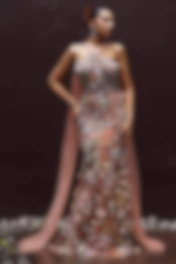 Soft Mousse & Peach Shimmer Net Floral Work Draped Party Wear Dress by MOLEDRO at Pernia's Pop Up Shop