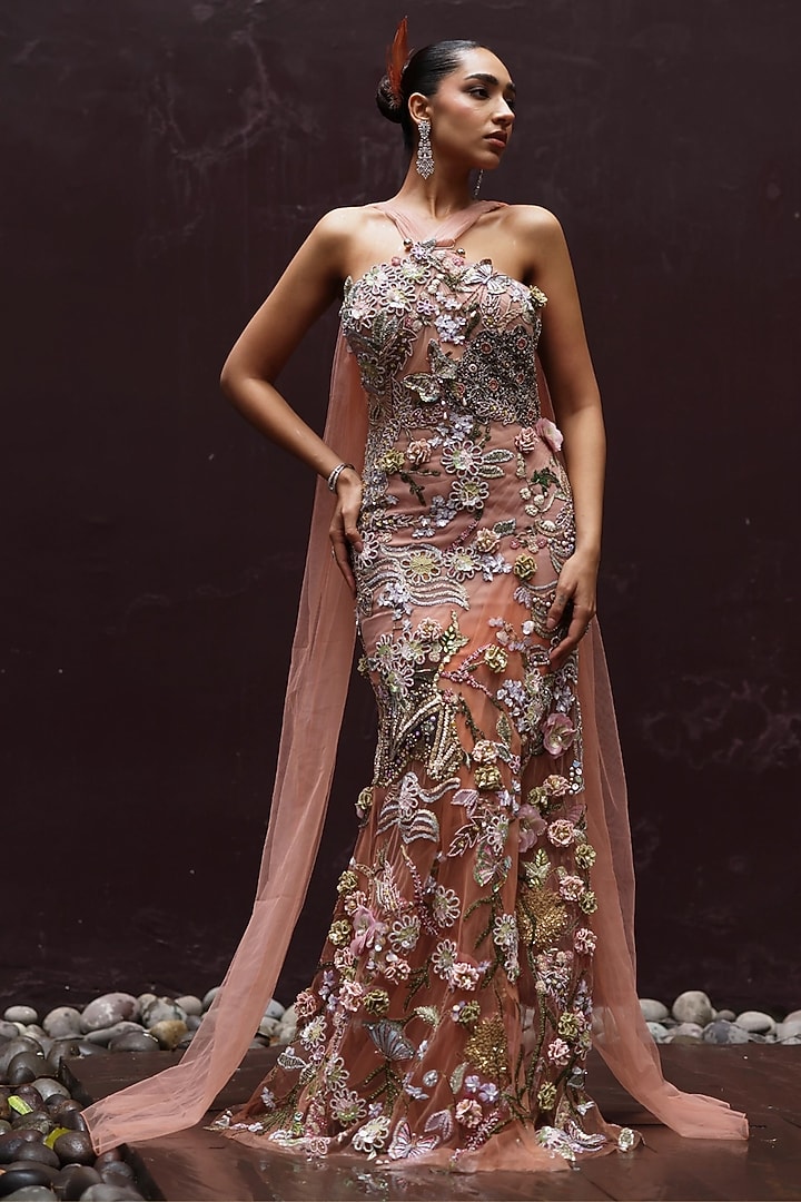 Soft Mousse & Peach Shimmer Net Floral Work Draped Party Wear Dress by MOLEDRO at Pernia's Pop Up Shop