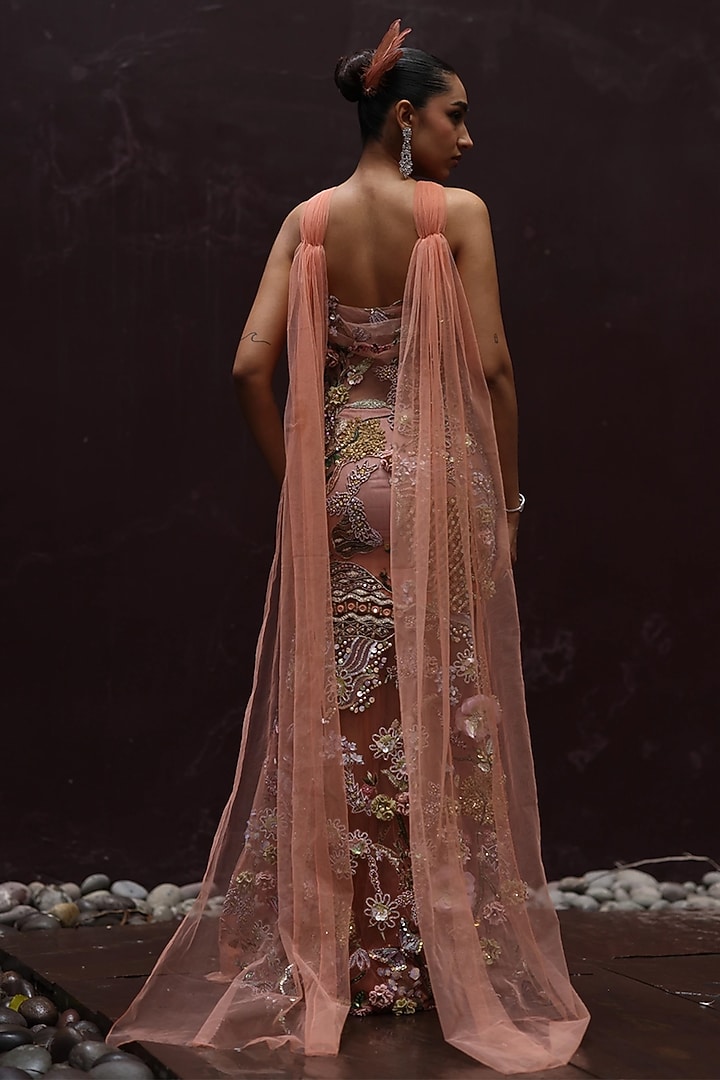 Soft Mousse & Peach Shimmer Net Floral Work Draped Party Wear Dress by MOLEDRO at Pernia's Pop Up Shop