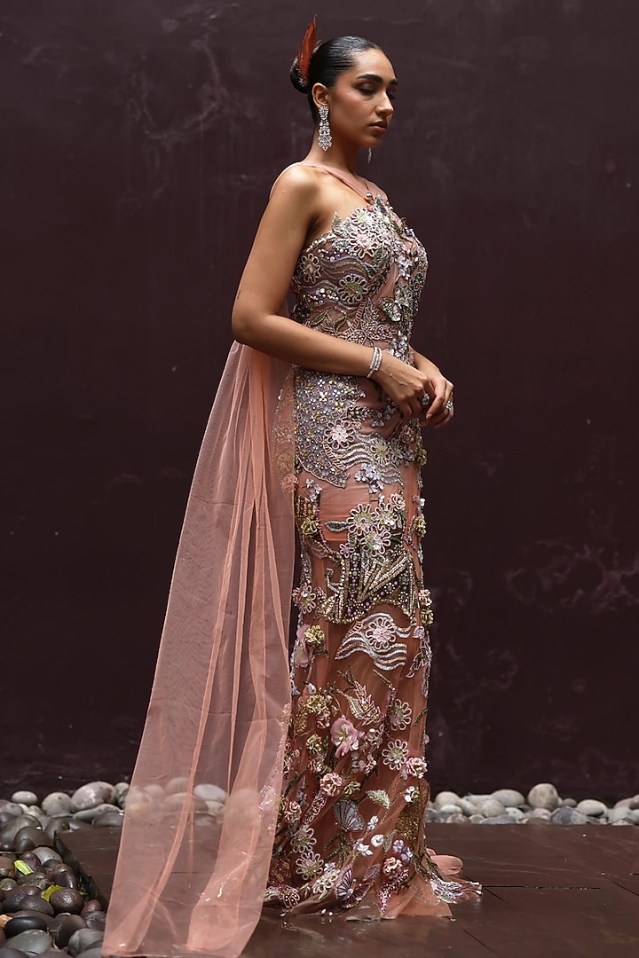Soft Mousse & Peach Shimmer Net Floral Work Draped Party Wear Dress by MOLEDRO at Pernia's Pop Up Shop