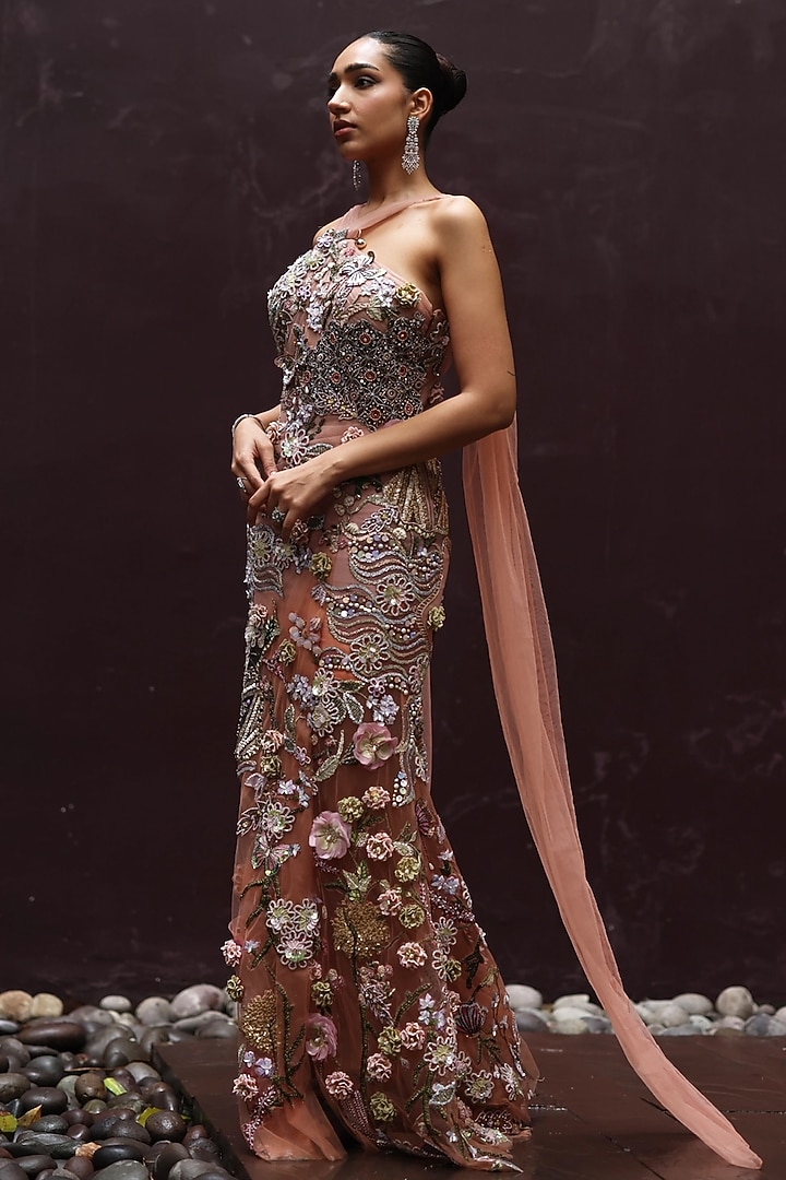 Soft Mousse & Peach Shimmer Net Floral Work Draped Party Wear Dress by MOLEDRO at Pernia's Pop Up Shop