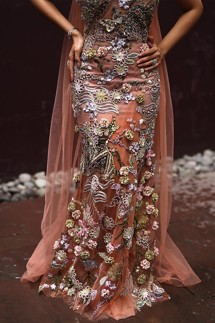 Soft Mousse & Peach Shimmer Net Floral Work Draped Party Wear Dress by MOLEDRO at Pernia's Pop Up Shop