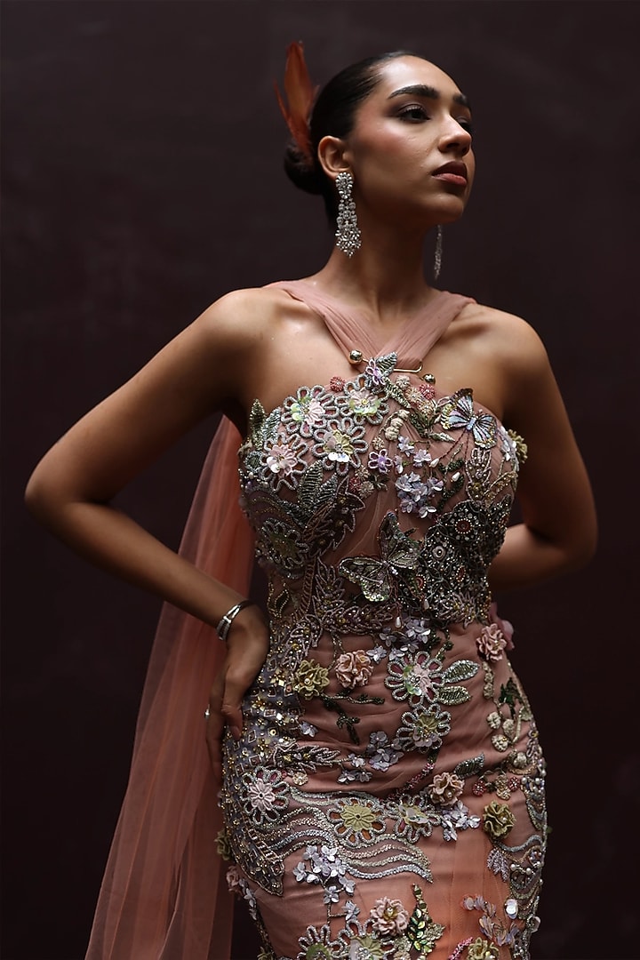 Soft Mousse & Peach Shimmer Net Floral Work Draped Party Wear Dress by MOLEDRO at Pernia's Pop Up Shop