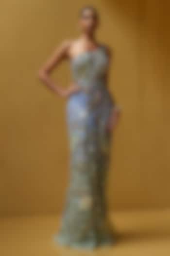 Hawkes Blue & Pastel Green Shimmer Net One-Shoulder Draped Party Wear Dress by MOLEDRO at Pernia's Pop Up Shop