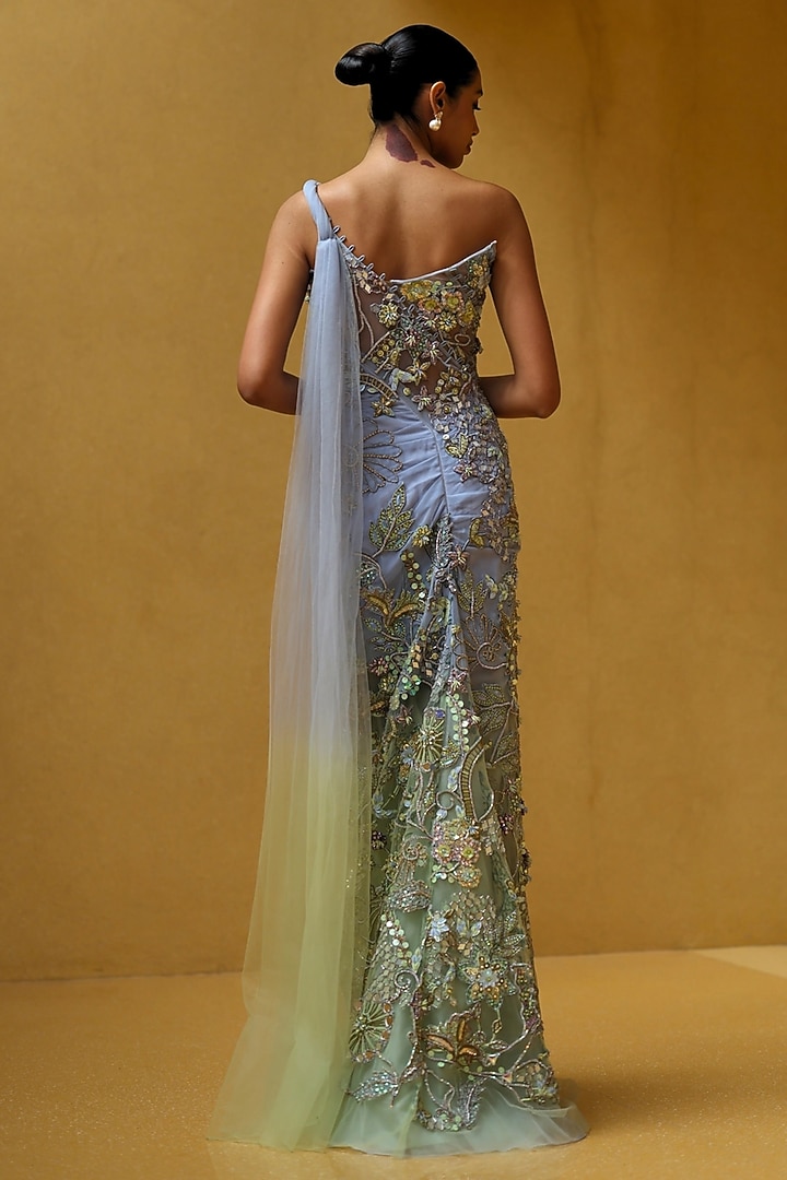 Hawkes Blue & Pastel Green Shimmer Net One-Shoulder Draped Party Wear Dress by MOLEDRO at Pernia's Pop Up Shop