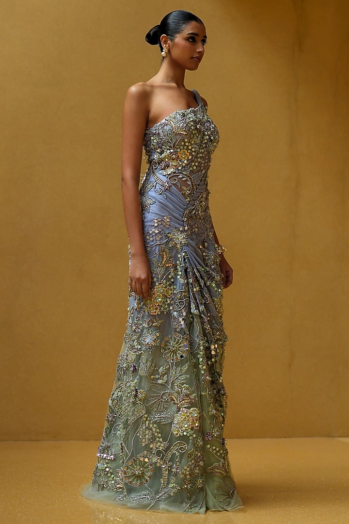 Hawkes Blue & Pastel Green Shimmer Net One-Shoulder Draped Party Wear Dress by MOLEDRO at Pernia's Pop Up Shop