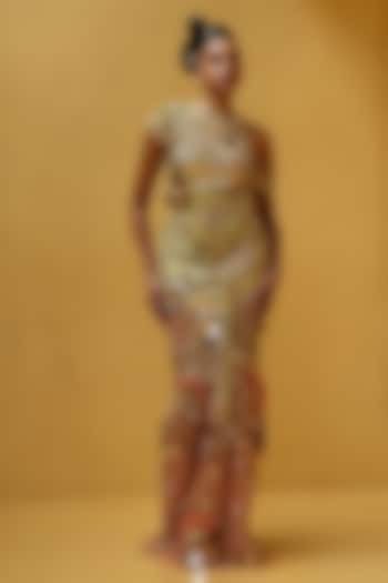 Cocoon & Peach Shimmer Net Embellished One-Shoulder Draped Party Wear Dress by MOLEDRO at Pernia's Pop Up Shop