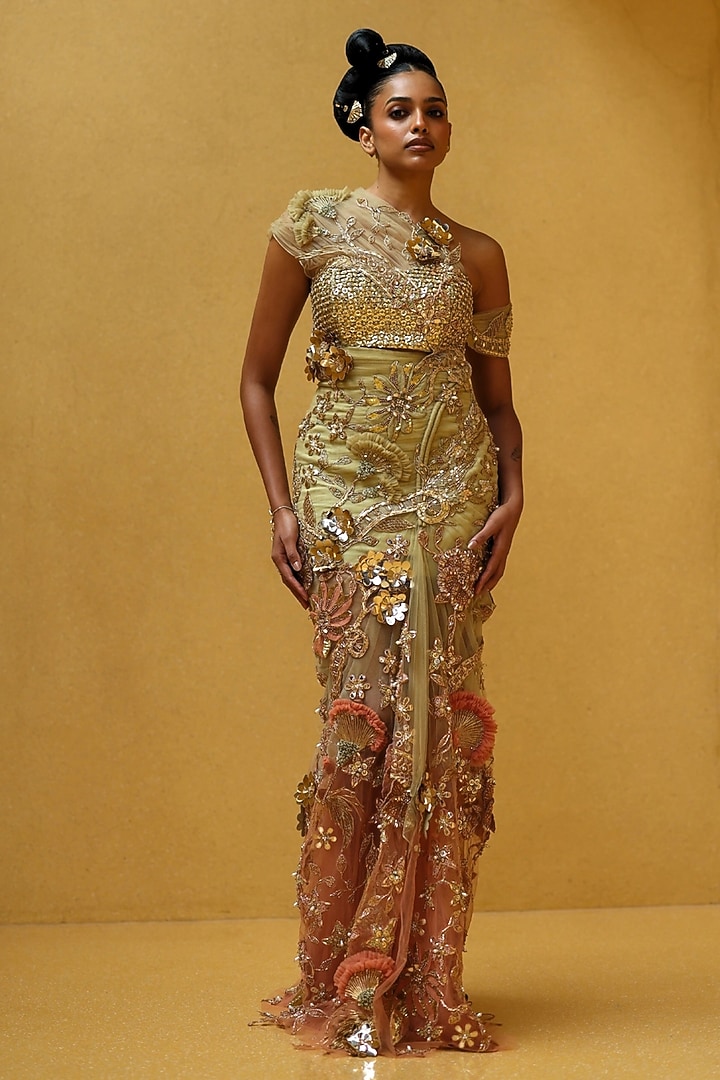 Cocoon & Peach Shimmer Net Embellished One-Shoulder Draped Party Wear Dress by MOLEDRO at Pernia's Pop Up Shop