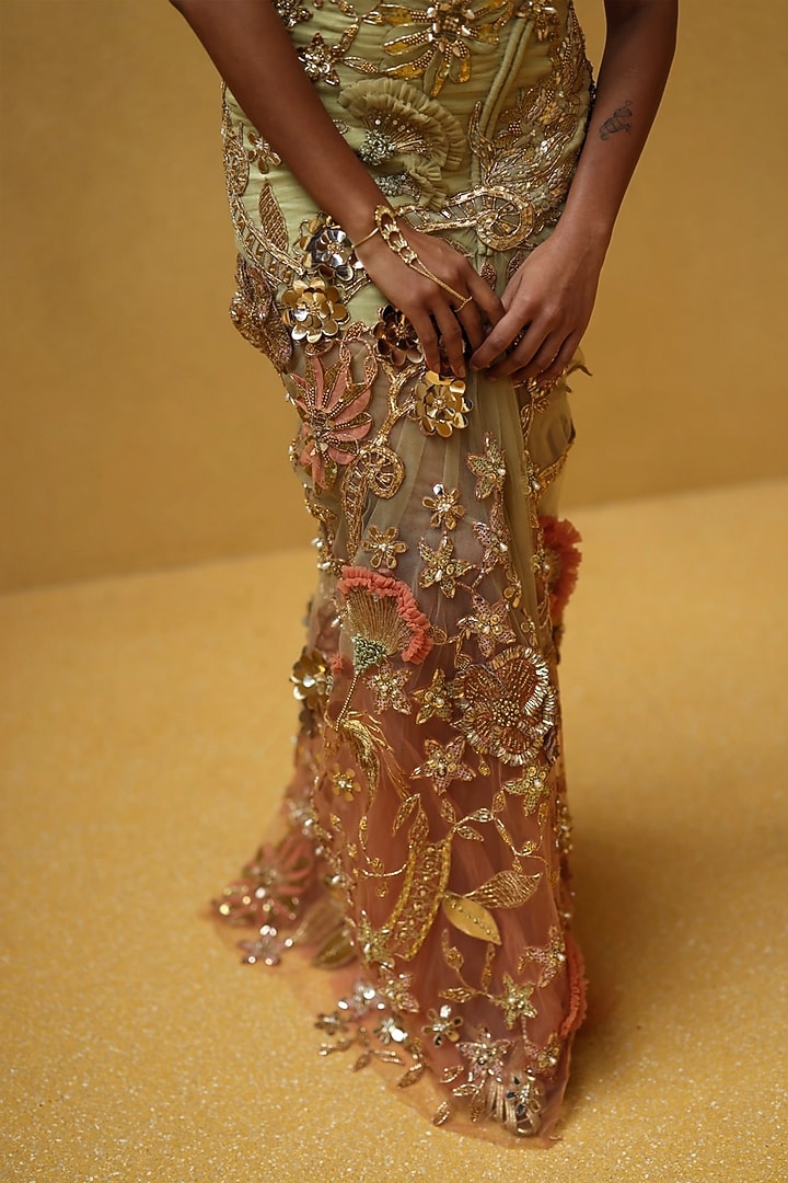 Cocoon & Peach Shimmer Net Embellished One-Shoulder Draped Party Wear Dress by MOLEDRO at Pernia's Pop Up Shop