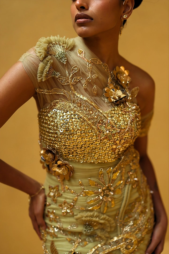 Cocoon & Peach Shimmer Net Embellished One-Shoulder Draped Party Wear Dress by MOLEDRO at Pernia's Pop Up Shop