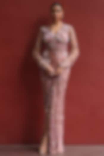 Mocha Mousse & Peach Shimmer Net Collared Party Wear Dress by MOLEDRO at Pernia's Pop Up Shop