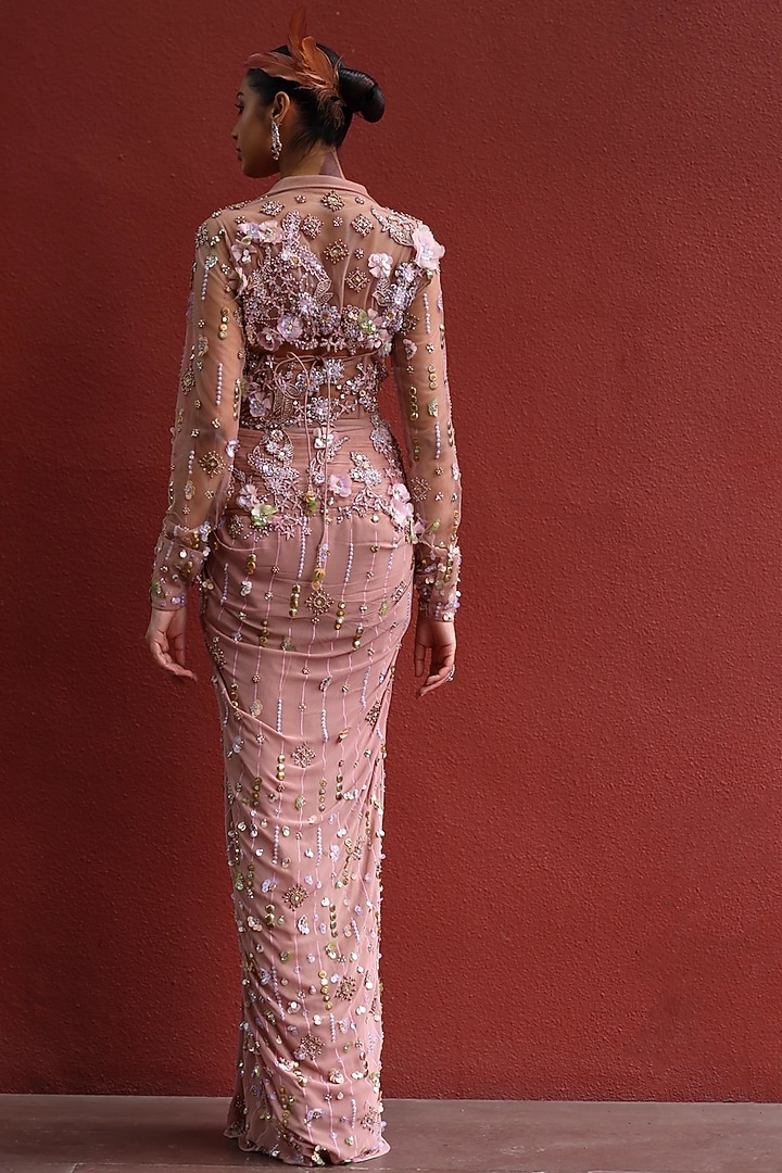 Mocha Mousse & Peach Shimmer Net Collared Party Wear Dress by MOLEDRO at Pernia's Pop Up Shop