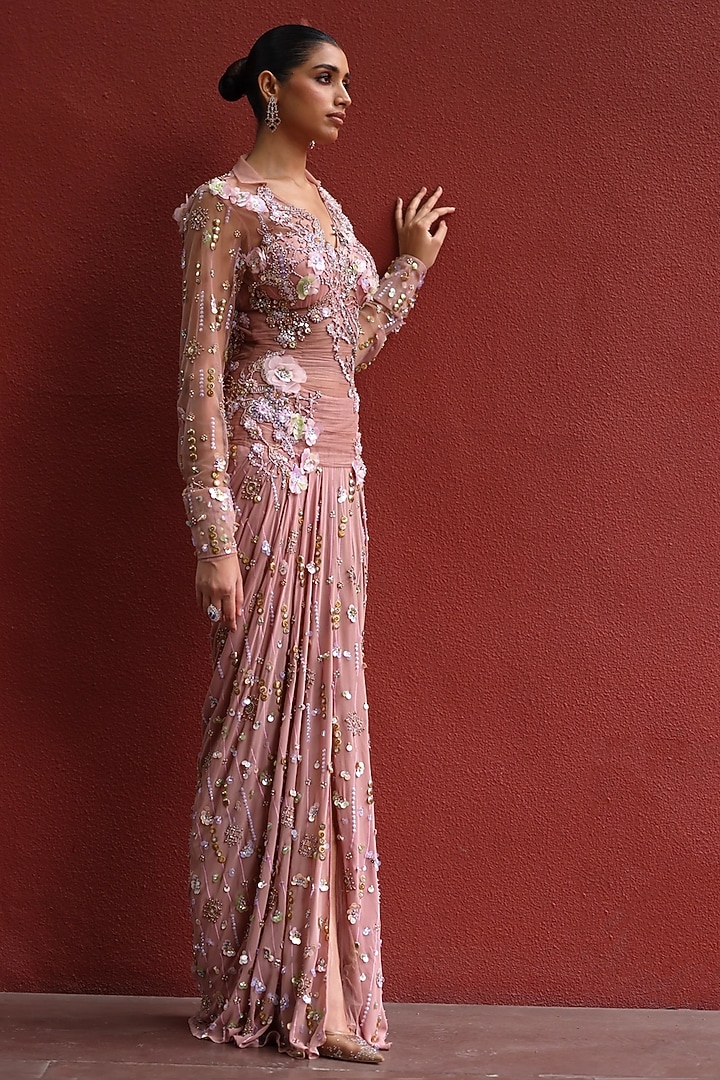 Mocha Mousse & Peach Shimmer Net Collared Party Wear Dress by MOLEDRO at Pernia's Pop Up Shop