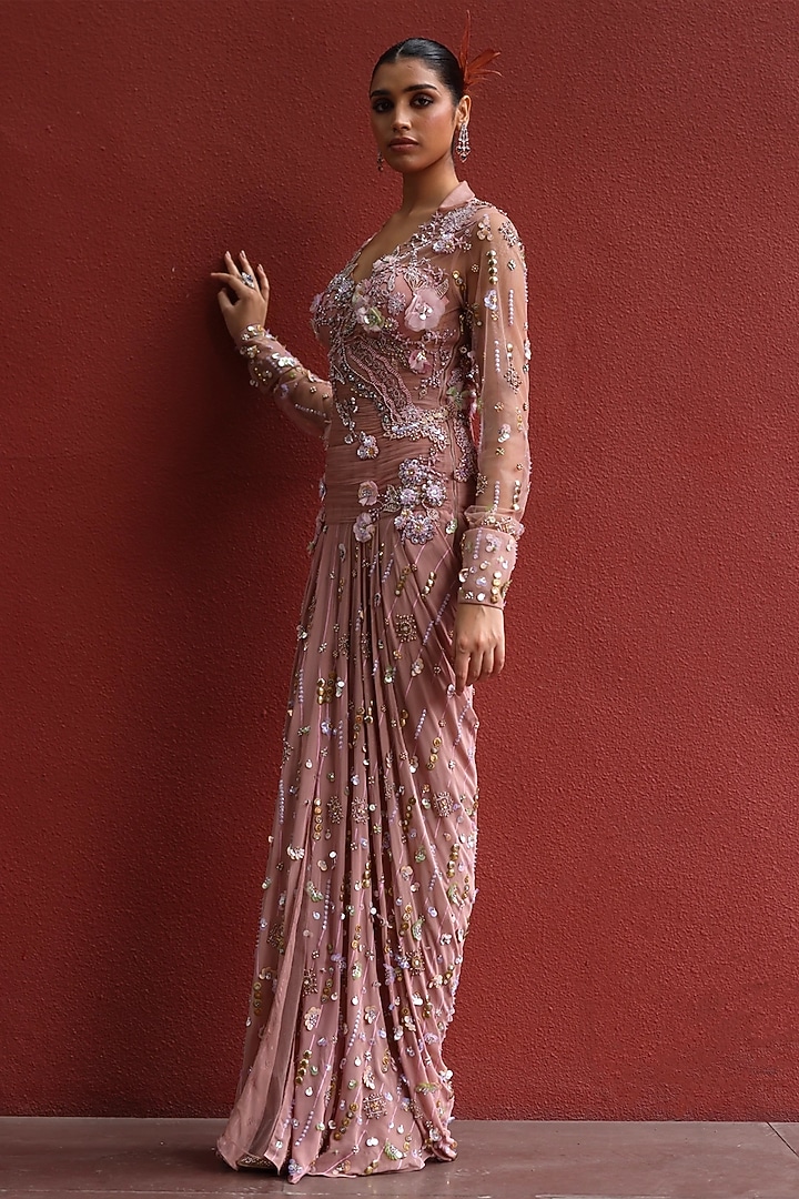 Mocha Mousse & Peach Shimmer Net Collared Party Wear Dress by MOLEDRO at Pernia's Pop Up Shop