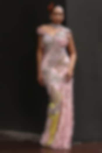 Peppermint Pink & Yellow Shimmer Lycra Pre-Draped Reception Gown Saree by MOLEDRO at Pernia's Pop Up Shop