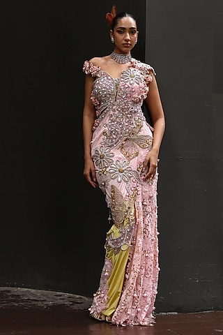 Peppermint Pink & Yellow Shimmer Lycra Pre-Draped Gown Saree by MOLEDRO