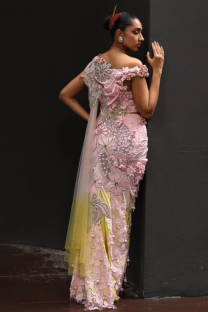 Peppermint Pink & Yellow Shimmer Lycra Pre-Draped Reception Gown Saree by MOLEDRO at Pernia's Pop Up Shop