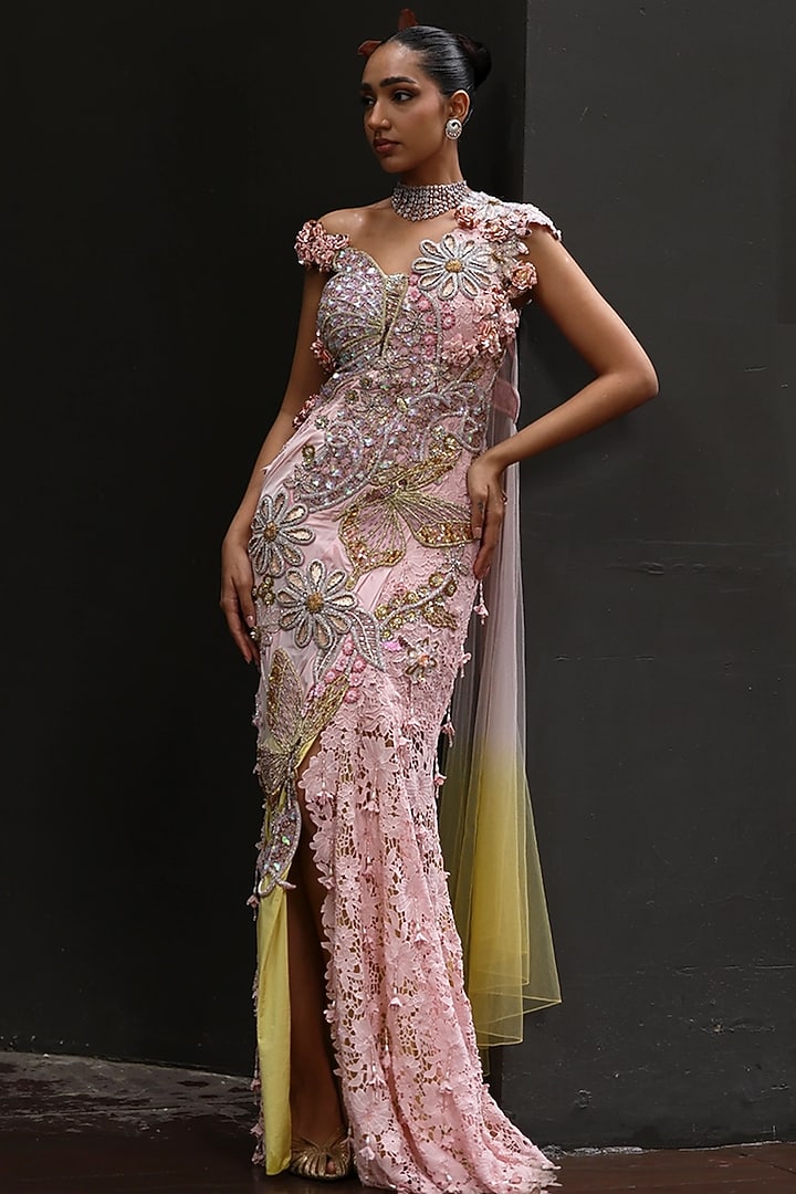 Peppermint Pink & Yellow Shimmer Lycra Pre-Draped Reception Gown Saree by MOLEDRO at Pernia's Pop Up Shop