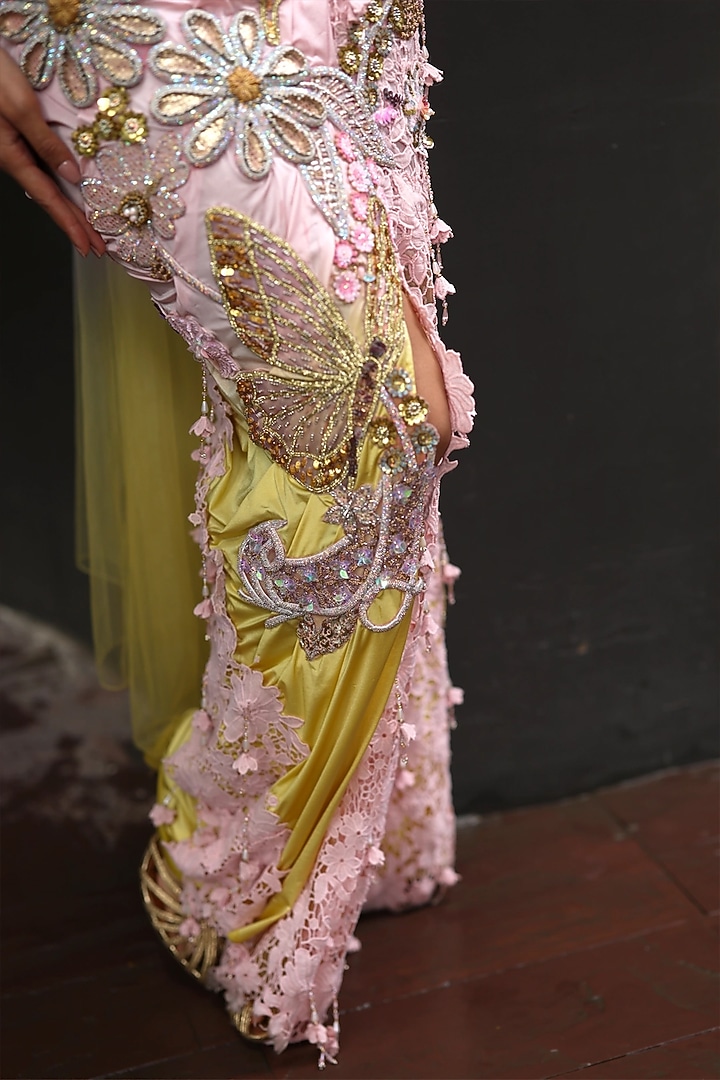 Peppermint Pink & Yellow Shimmer Lycra Pre-Draped Reception Gown Saree by MOLEDRO at Pernia's Pop Up Shop