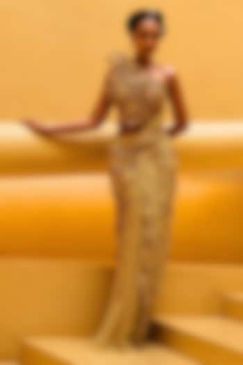Cocoon & Yellow Shimmer Net Structured Draped Skirt Reception Saree Set by MOLEDRO at Pernia's Pop Up Shop